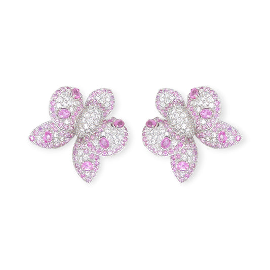 White Gold Pink Sapphire Diamond Orchid Earrings