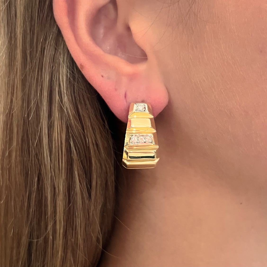Gold Diamond Beveled Half Hoop Earrings