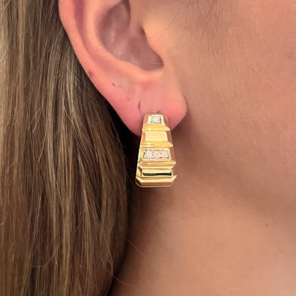 Gold Diamond Beveled Half Hoop Earrings