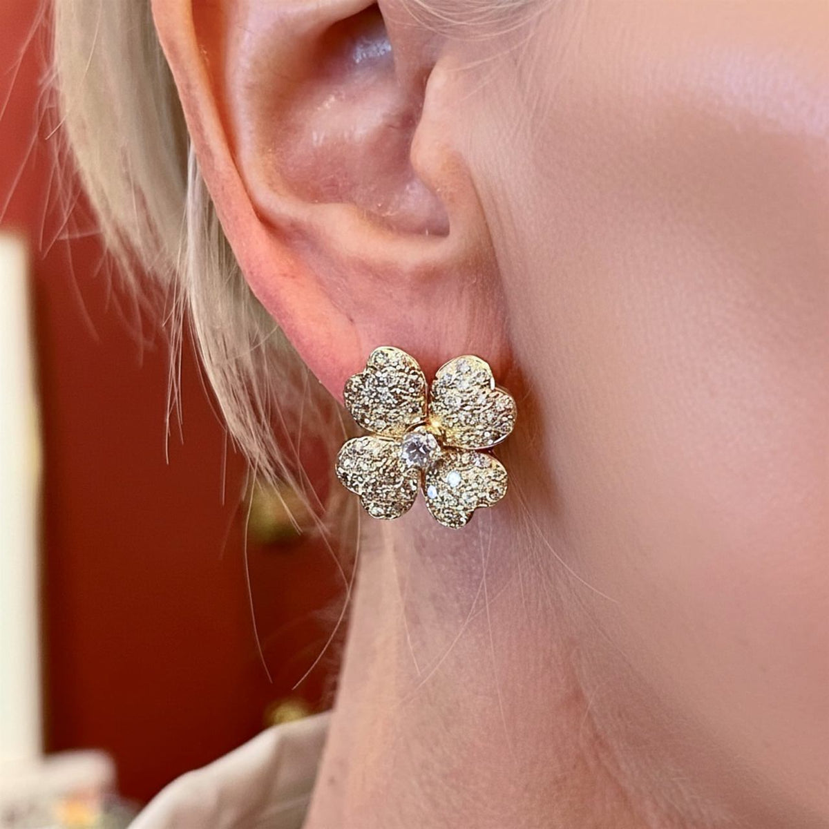 Gold Diamond Four Leaf Clover Earrings