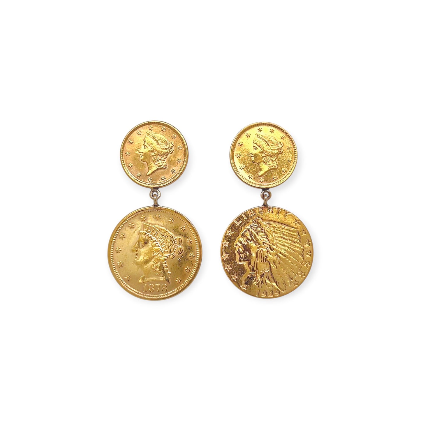 Indian Head & Liberty Head Gold Coin Drop Earrings