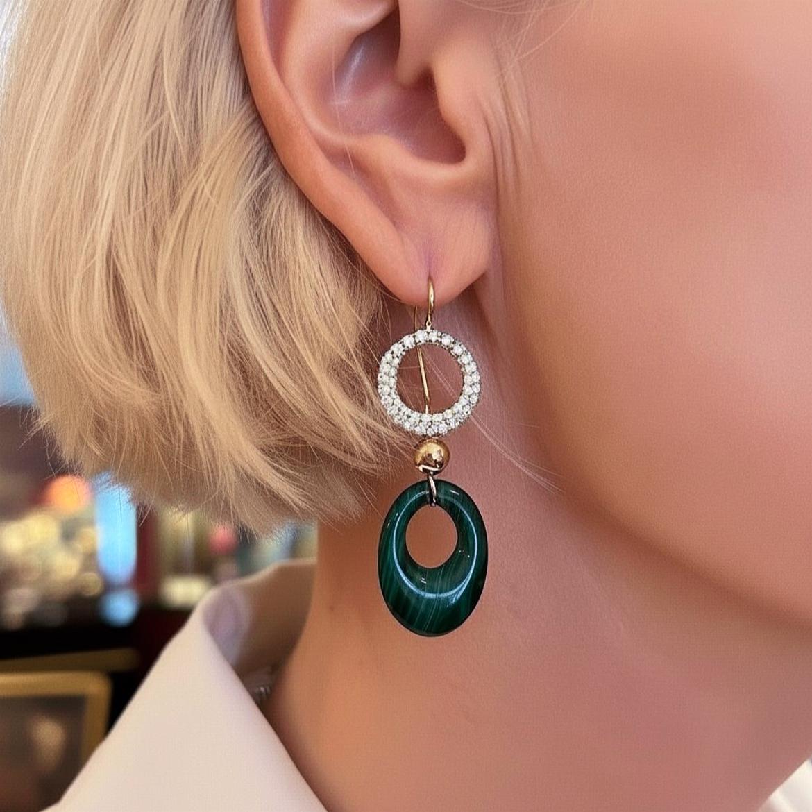 Gold Malachite Diamond Drop Earrings