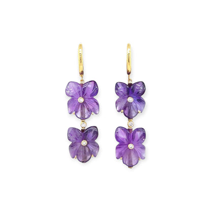 Gold Carved Amethyst Diamond Flower Earrings