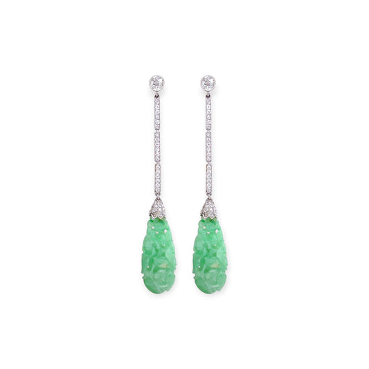 Art Deco Platinum Diamond Jade Drop Earrings