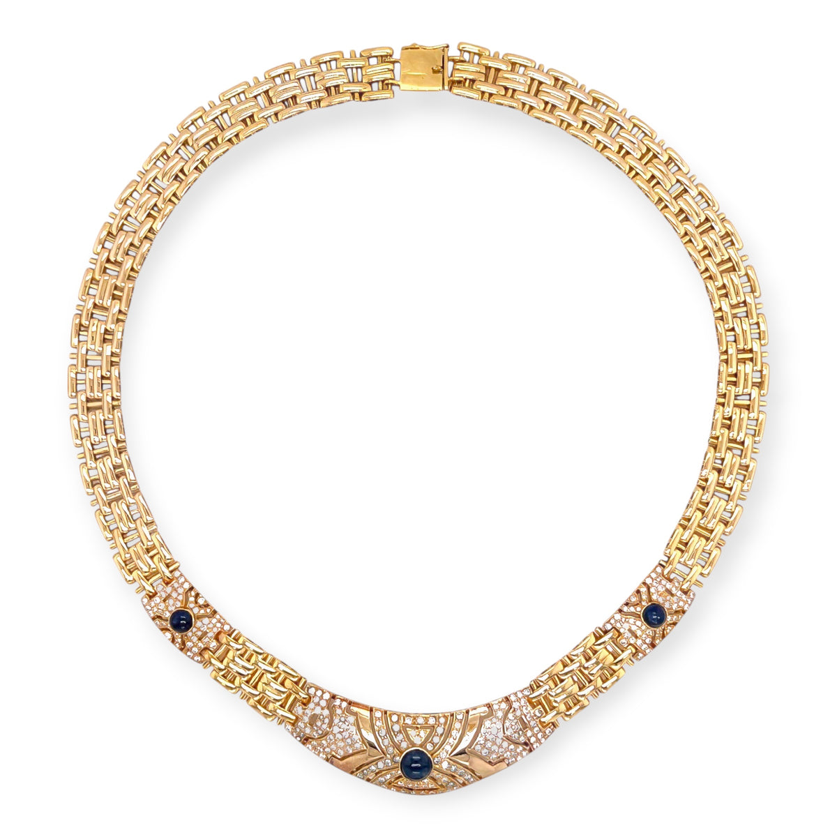 Gold Diamond Sapphire Openwork Panel Necklace