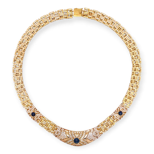Gold Diamond Sapphire Openwork Panel Necklace
