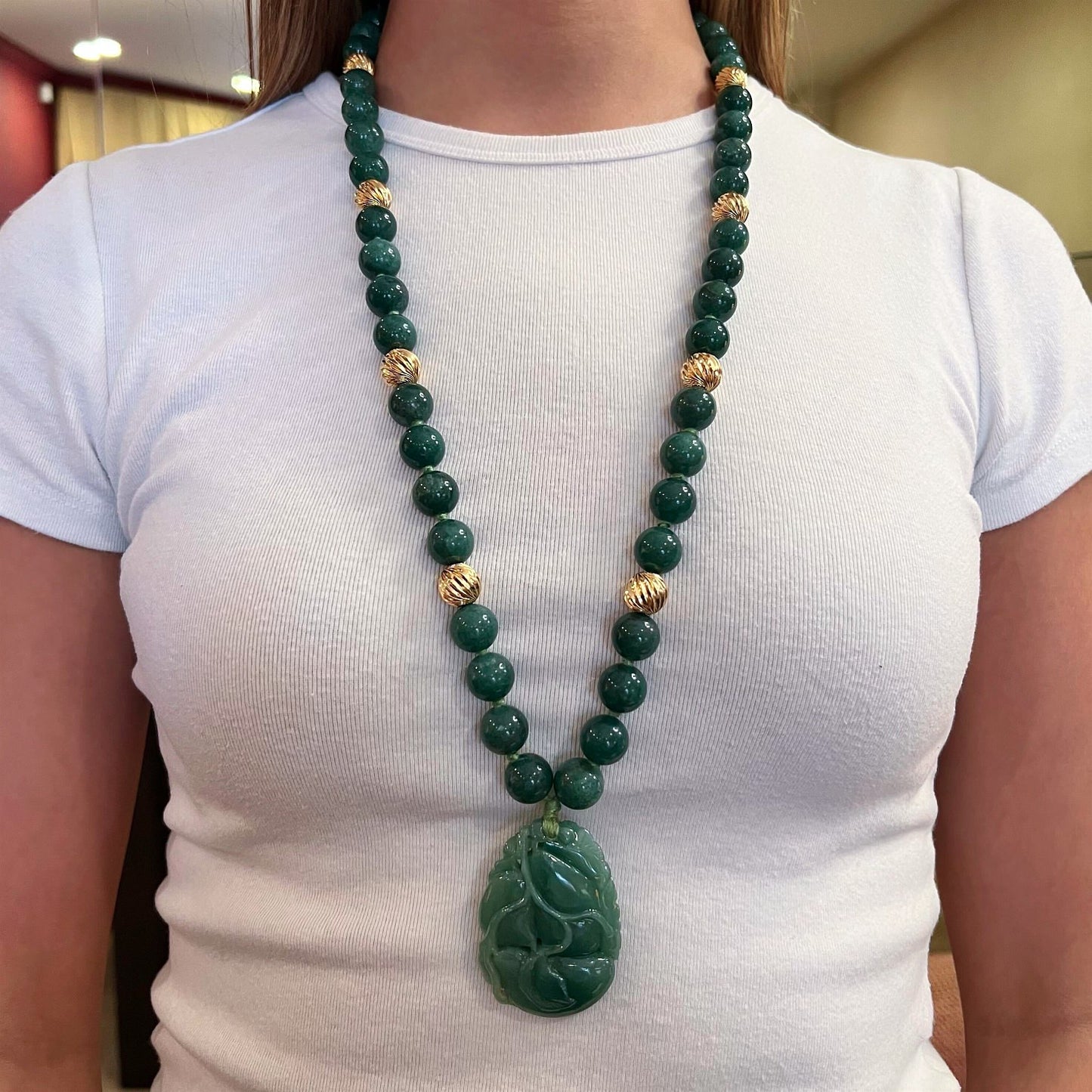 Gold Aventurine Carved Pendant Necklace
