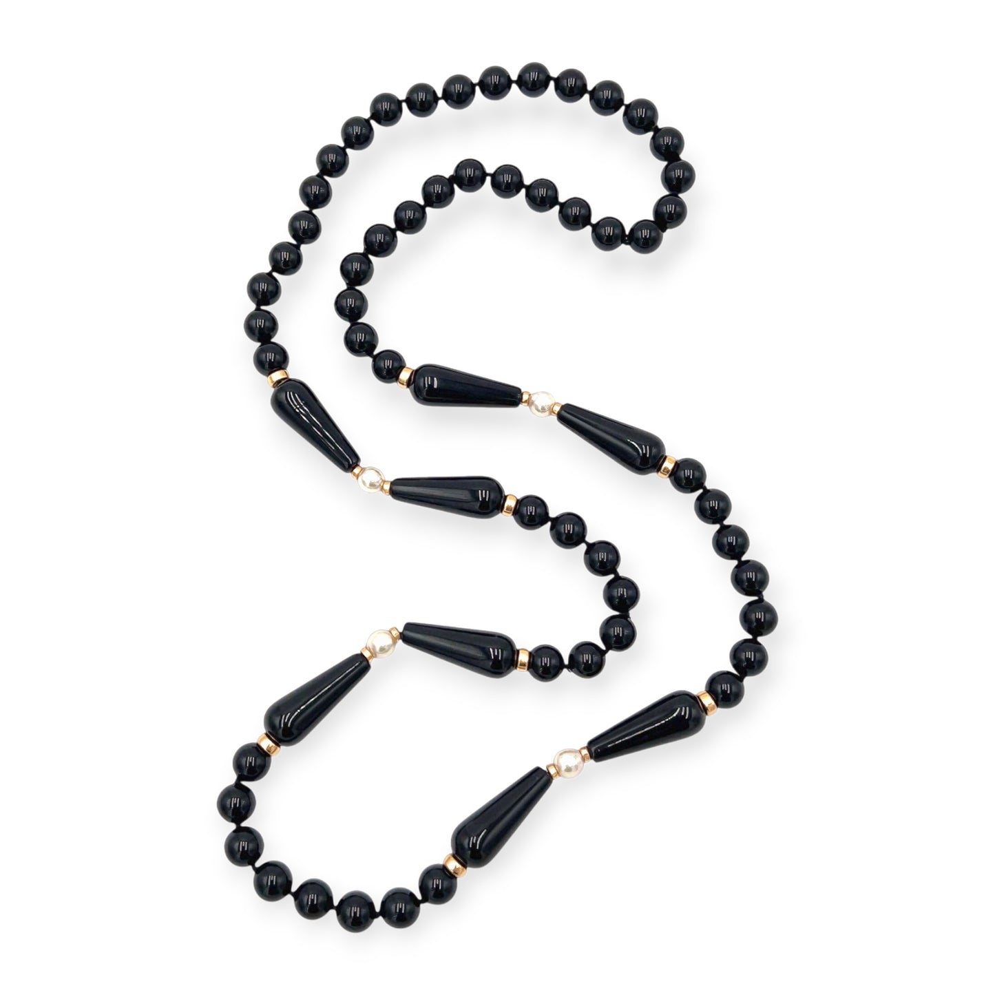 Long Gold Black Onyx Pearl Bead Necklace