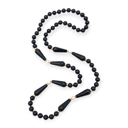 Long Gold Black Onyx Pearl Bead Necklace