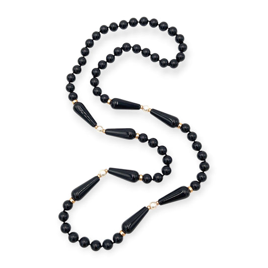 Long Gold Black Onyx Pearl Bead Necklace