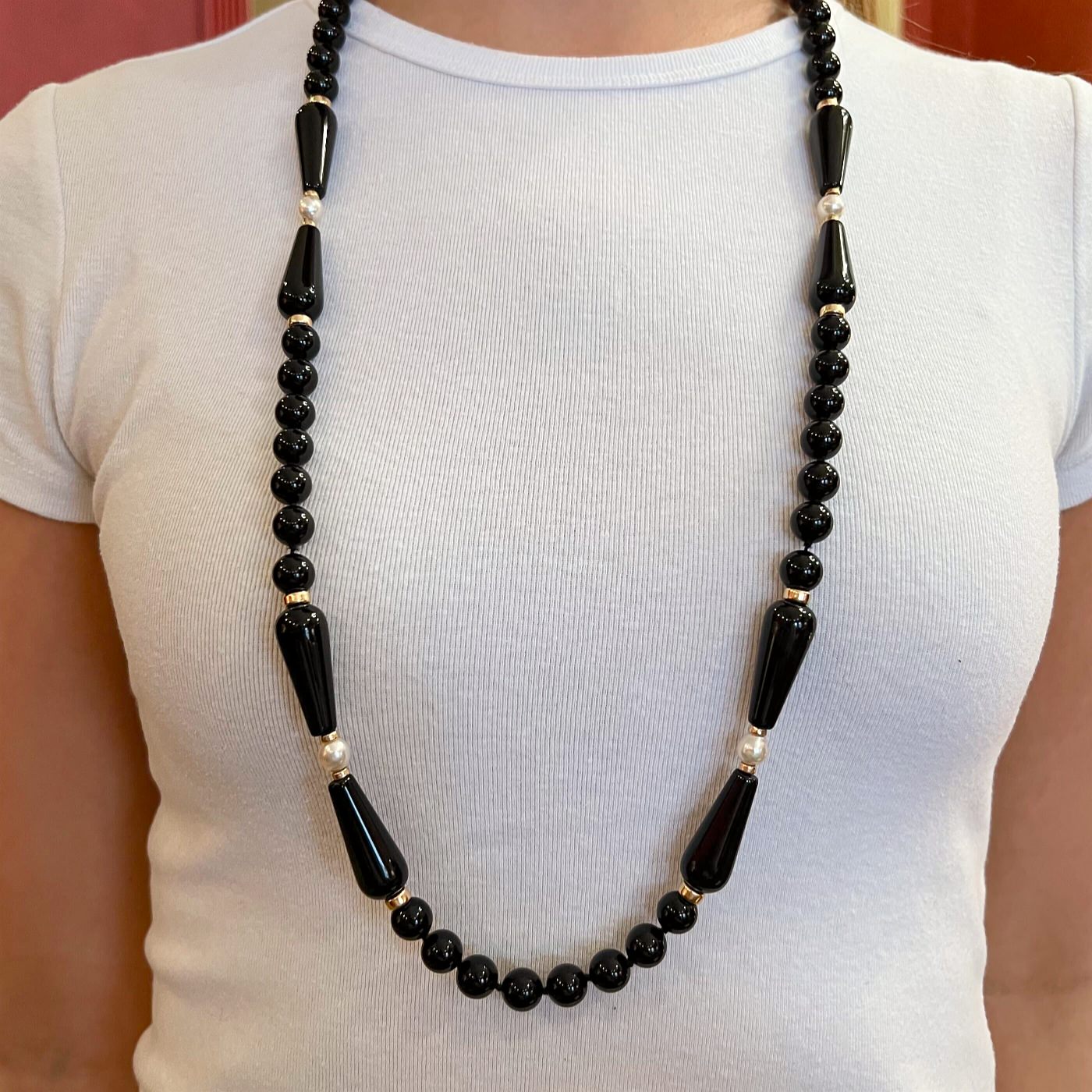 Long Gold Black Onyx Pearl Bead Necklace