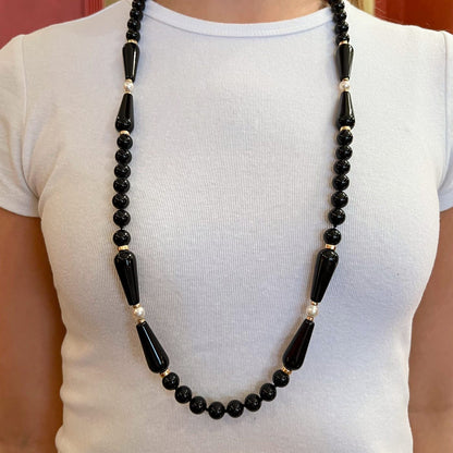 Long Gold Black Onyx Pearl Bead Necklace