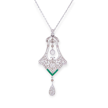 Edwardian Platinum Emerald Diamond Openwork Pendant Necklace