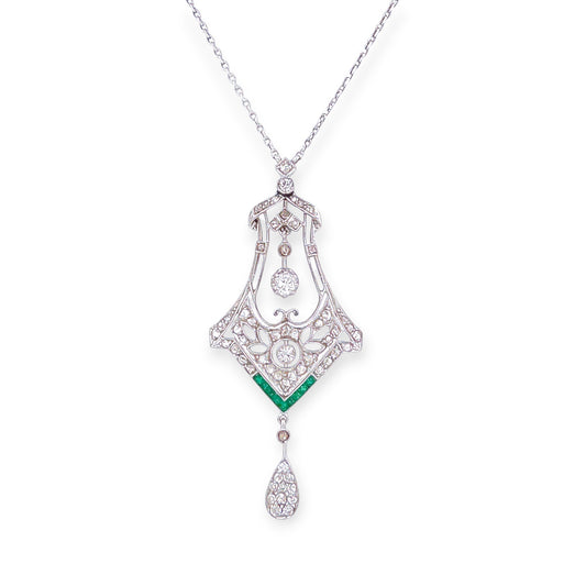 Edwardian Platinum Emerald Diamond Openwork Pendant Necklace
