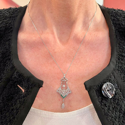 Edwardian Platinum Emerald Diamond Openwork Pendant Necklace