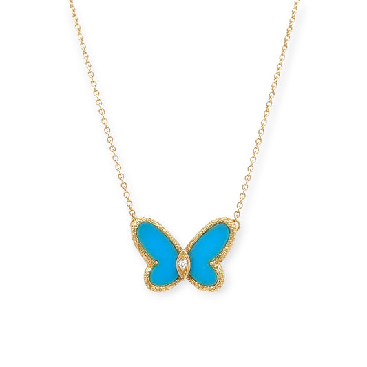 Van Cleef Lucky Alhambra Turquoise Diamond Butterfly Necklace