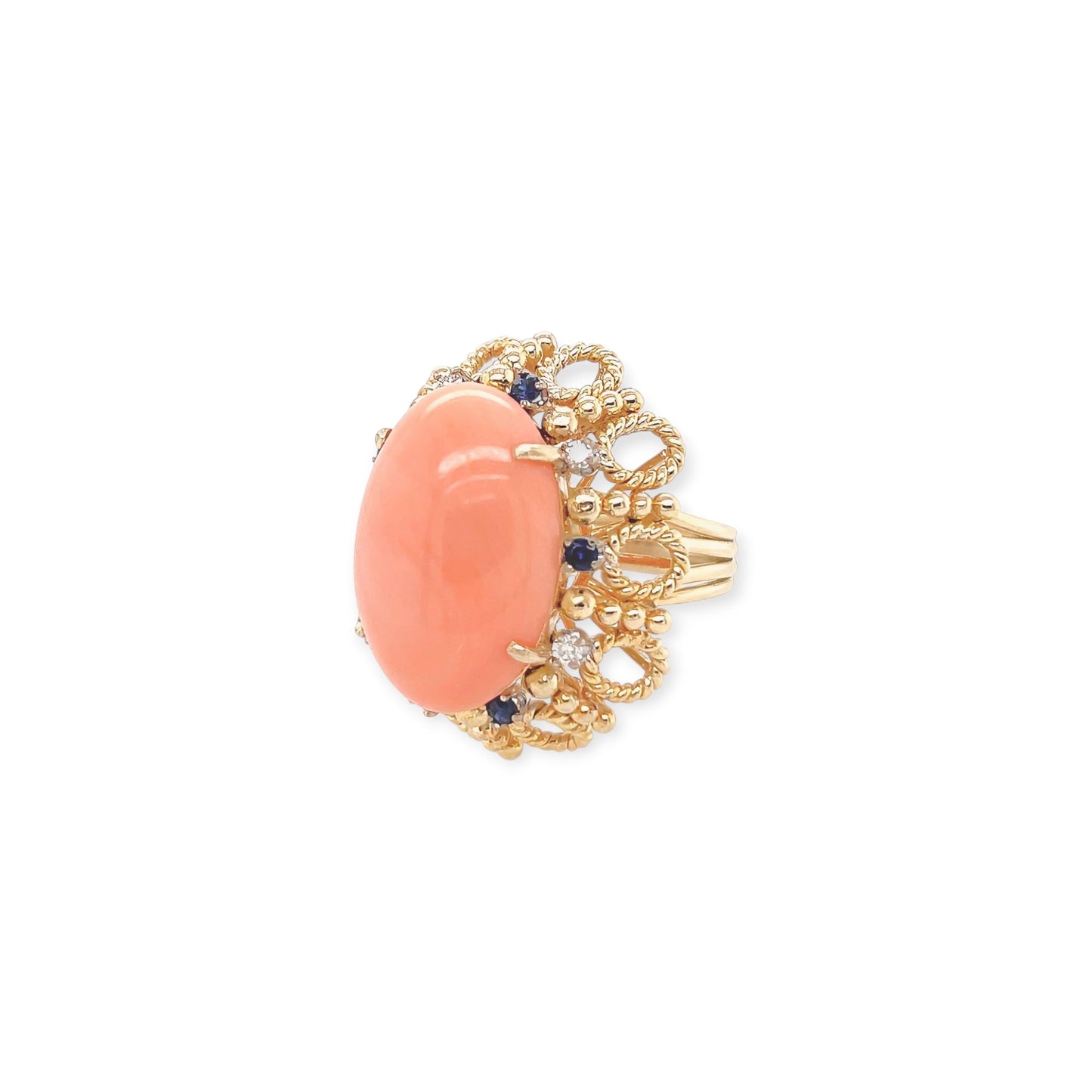 Gold Pink Coral Diamond Sapphire Cabochon Ring