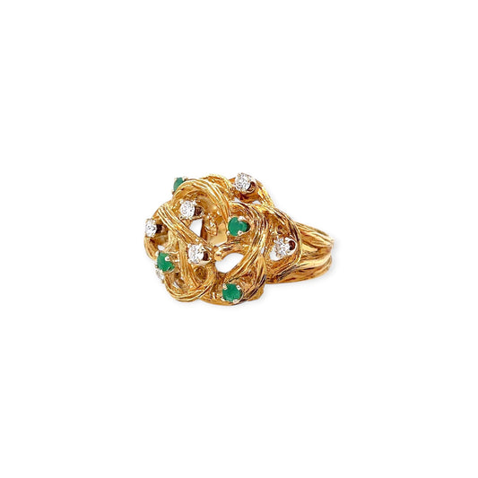 Gold Diamond Emerald Textured Openwork Knot Ring