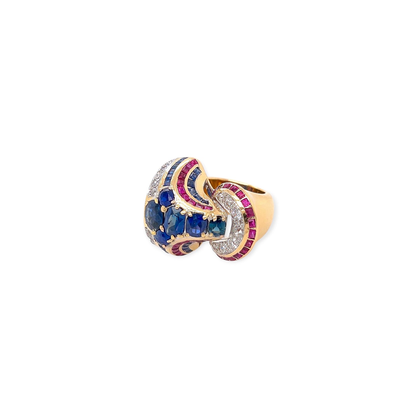 Gold Ruby Sapphire Diamond Sculptural Ring