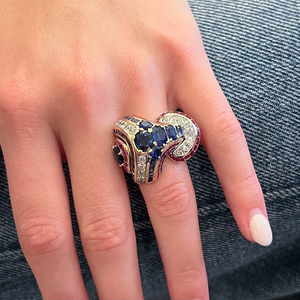 Gold Ruby Sapphire Diamond Sculptural Ring