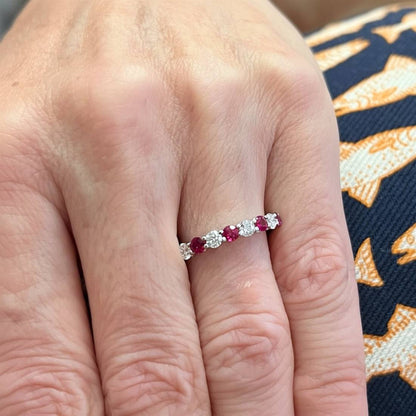 White Gold Ruby Diamond Alternating Band Ring