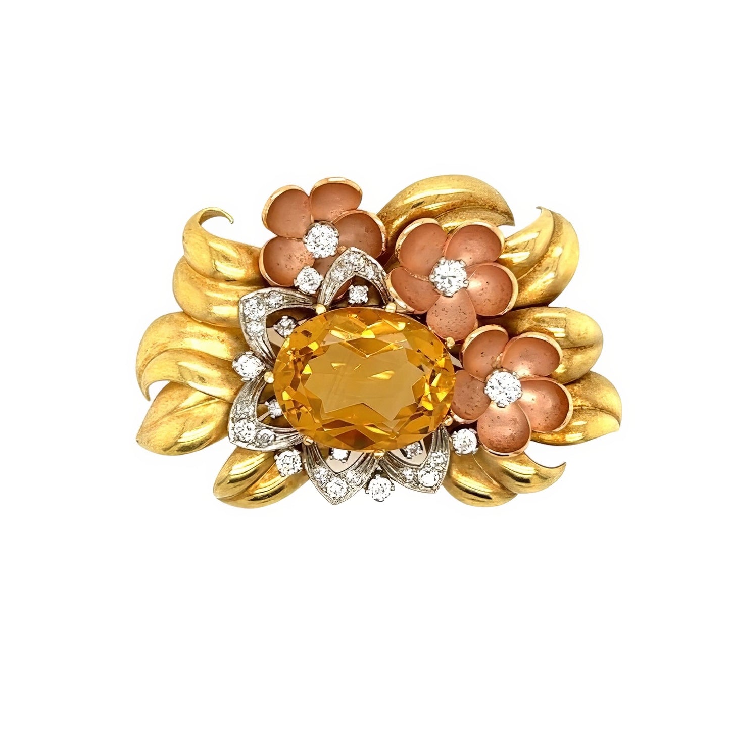 1940s Citrine Diamond Floral Gold Brooch