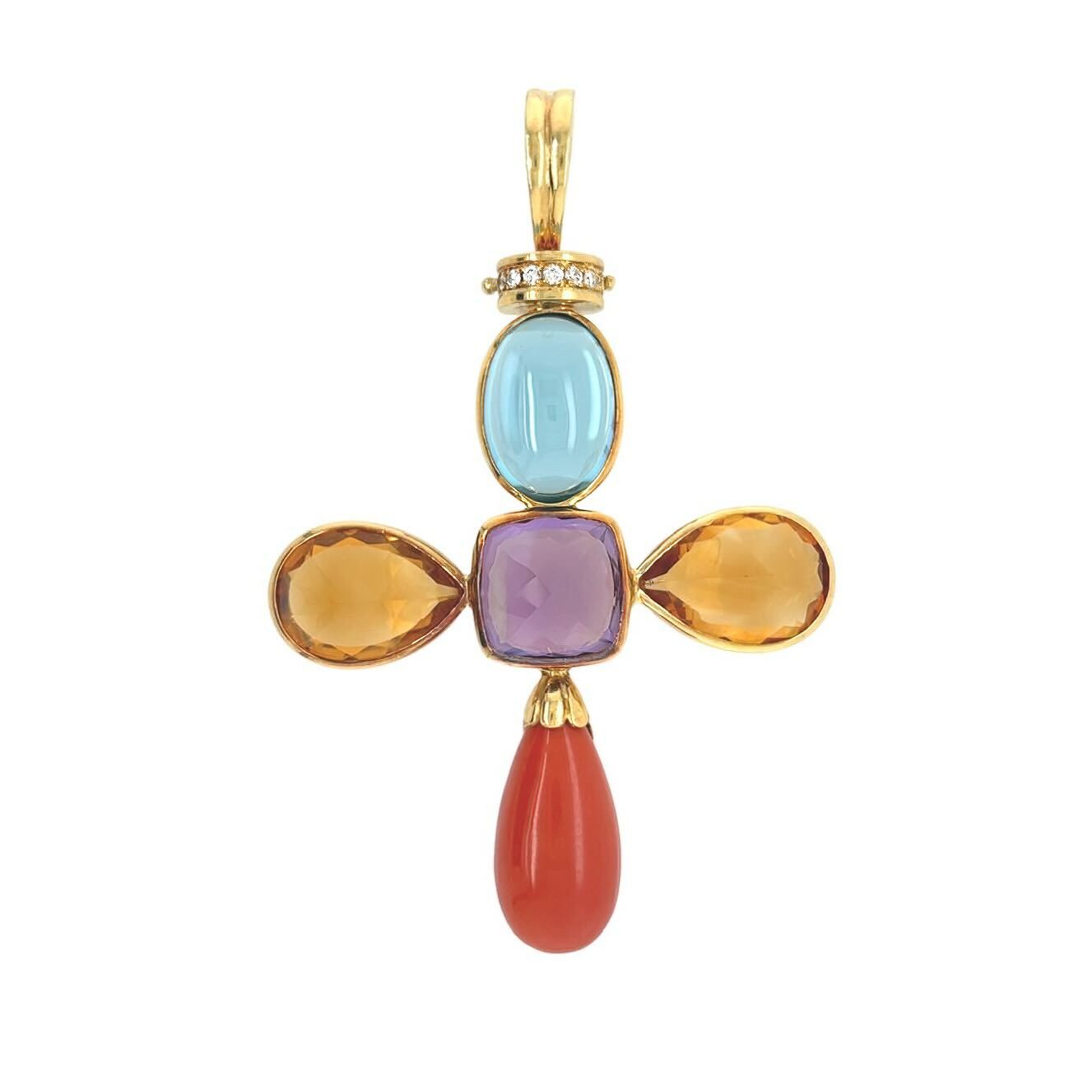 Multi Gemstone Coral Diamond Cross Pendant