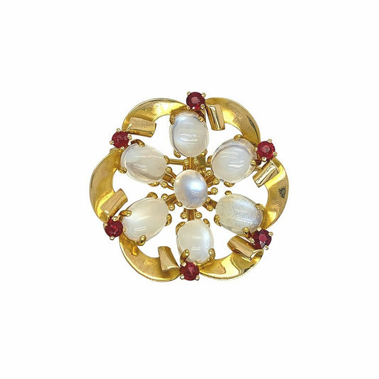 1940s Moonstone Ruby Scalloped Circle Brooch