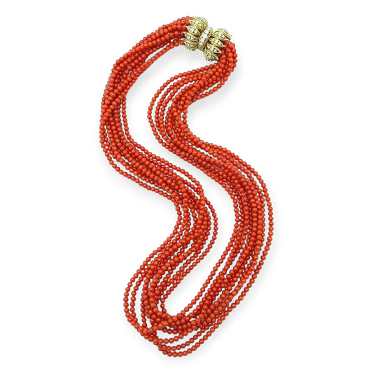 Nine Strands Coral Bead Diamond Necklace