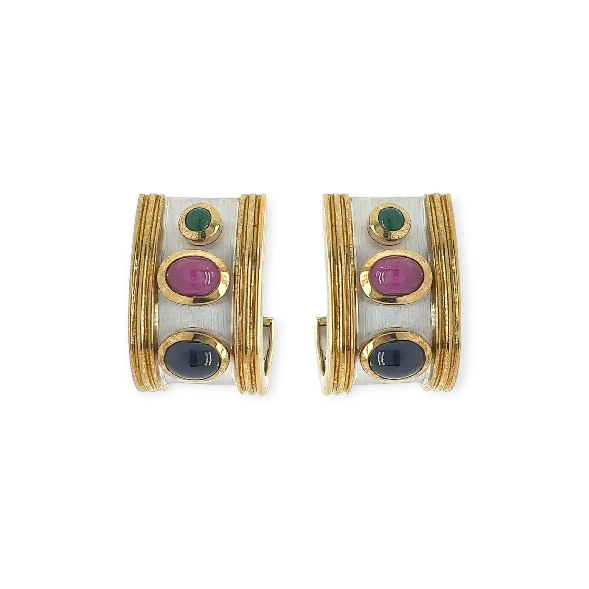 Multi Gem Two Tone Gold Half Hoop Earrings