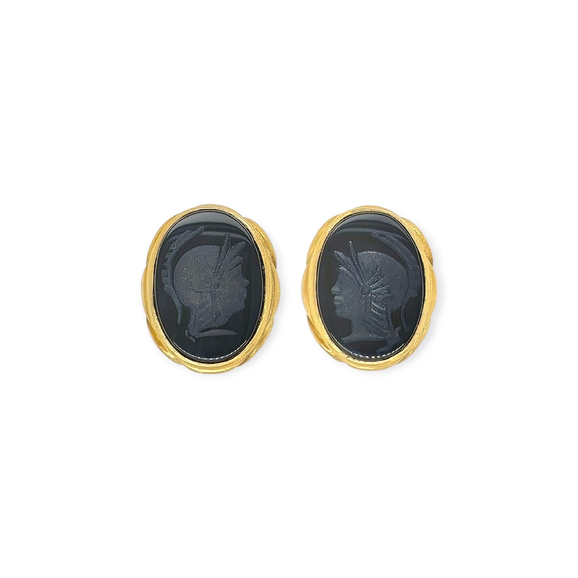 Black Onyx Roman Soldier Intaglio Earrings