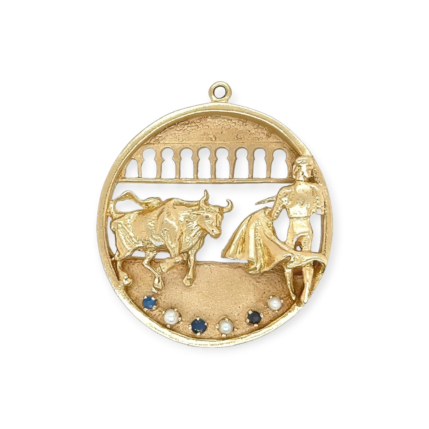 Gold Pearl Sapphire Bullfight Charm Pendant