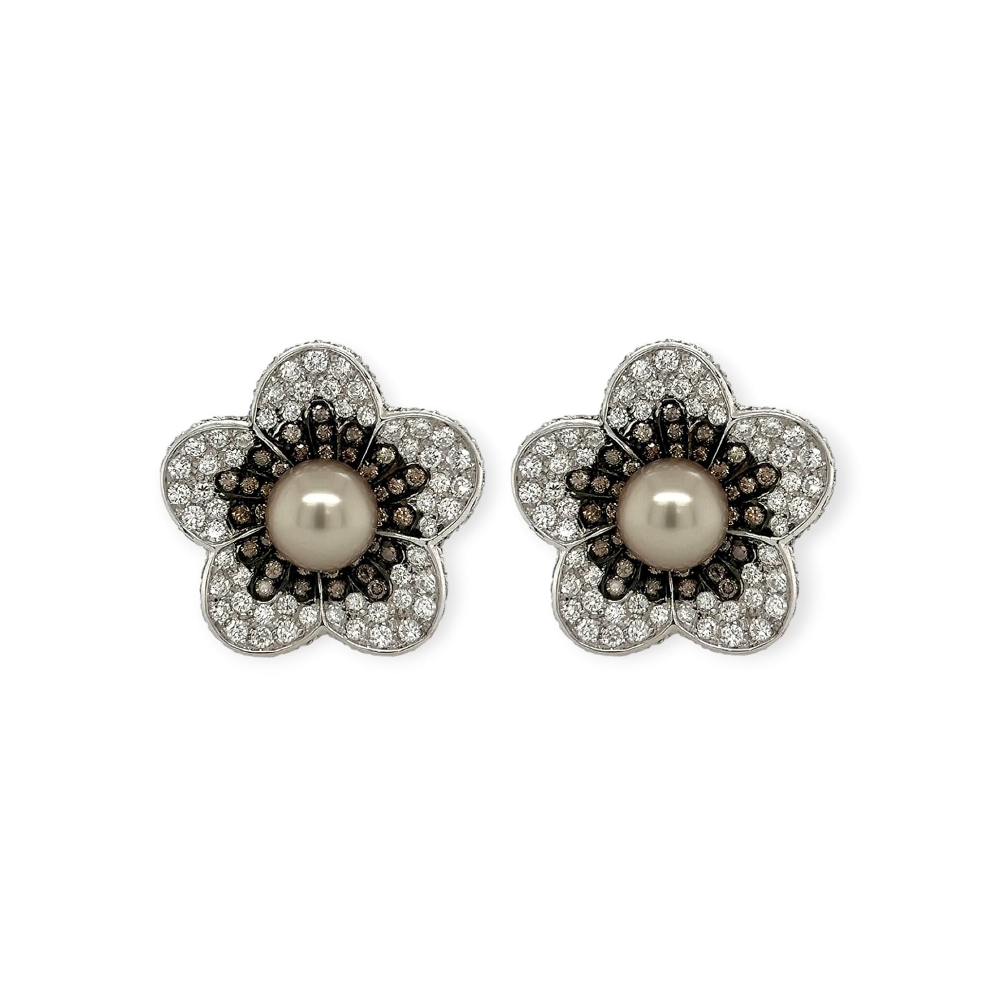 Pearl Brown Diamond and Diamond Floral Earrings