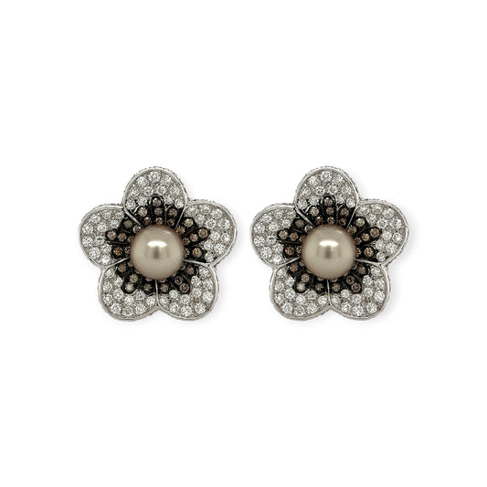 Pearl Brown Diamond and Diamond Floral Earrings