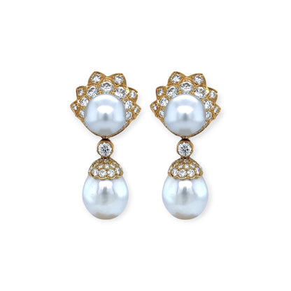 South Sea Pearl Gold Diamond Drop Earrings