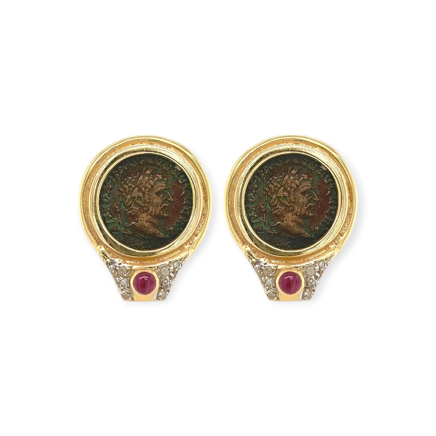 Roman Emperor Gold Coin Ruby Diamond Earrings