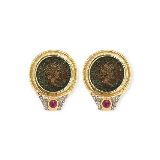 Roman Emperor Gold Coin Ruby Diamond Earrings