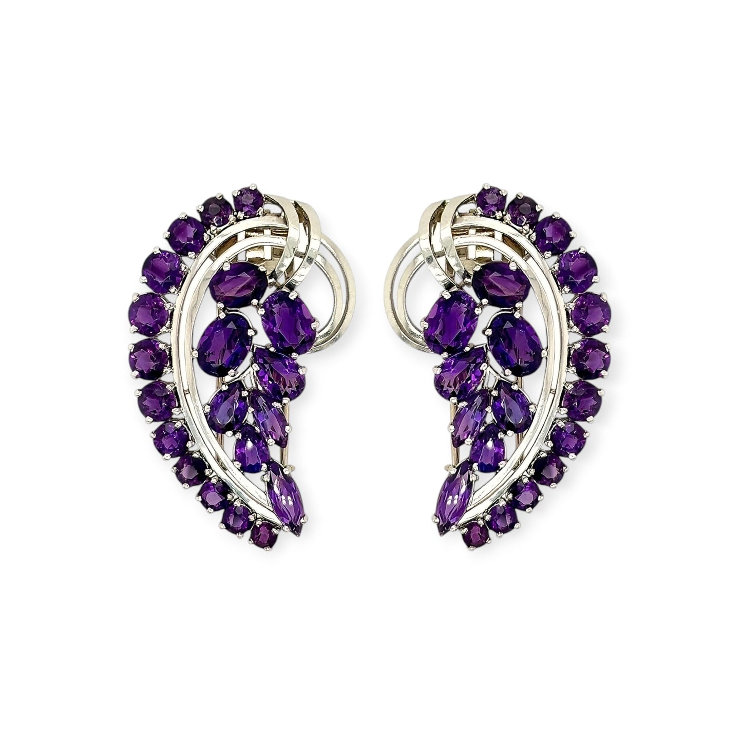 1940s Pair Platinum Amethyst Paisley Brooches