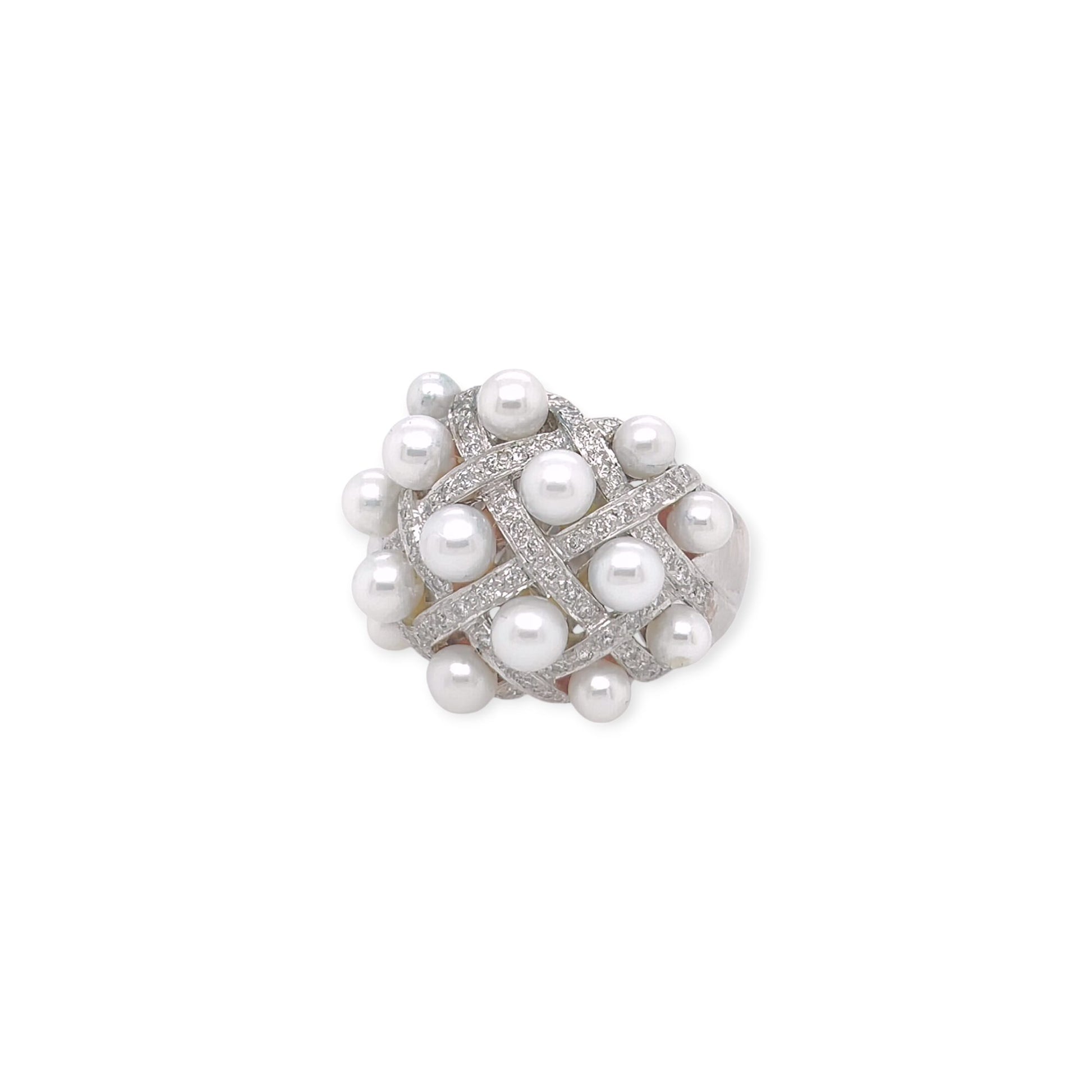 Pearl Diamond White Gold Lattice Ring