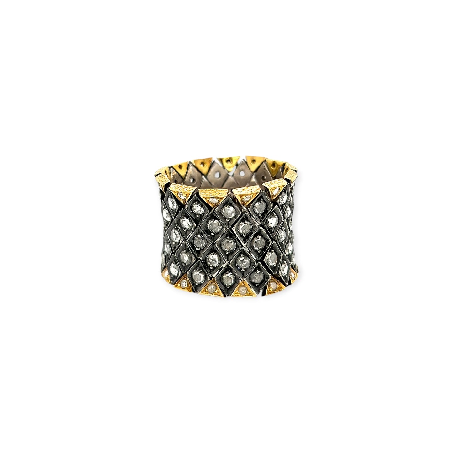 Wide Silver Gold Diamond Mesh Ring