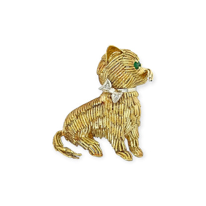 Gold Emerald Diamond Cat Brooch