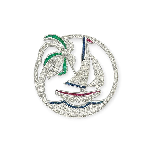 Multi Gem Diamond Sailboat Scene Brooch