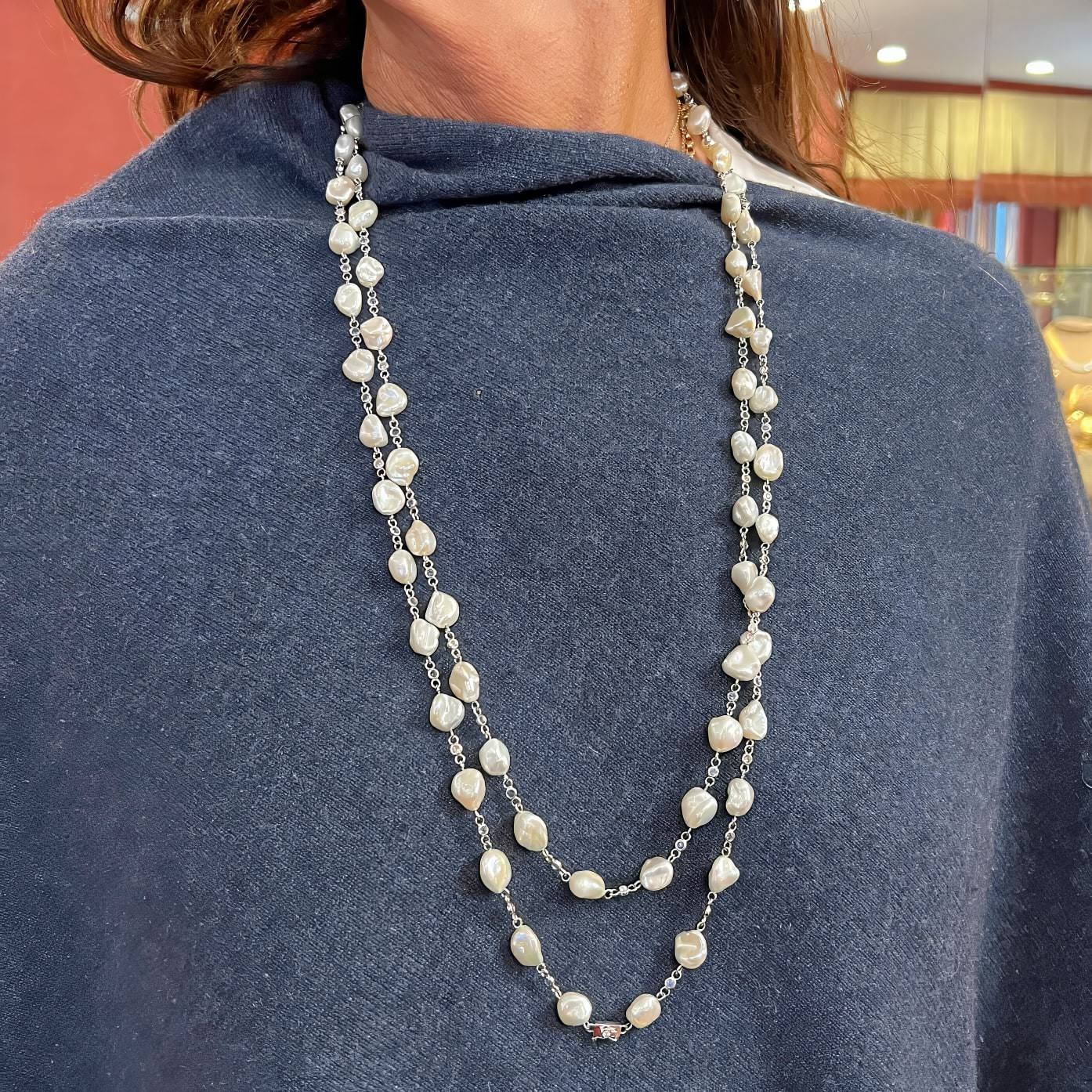 Seaman Schepps Long Pearl Sapphire Diamond Necklace