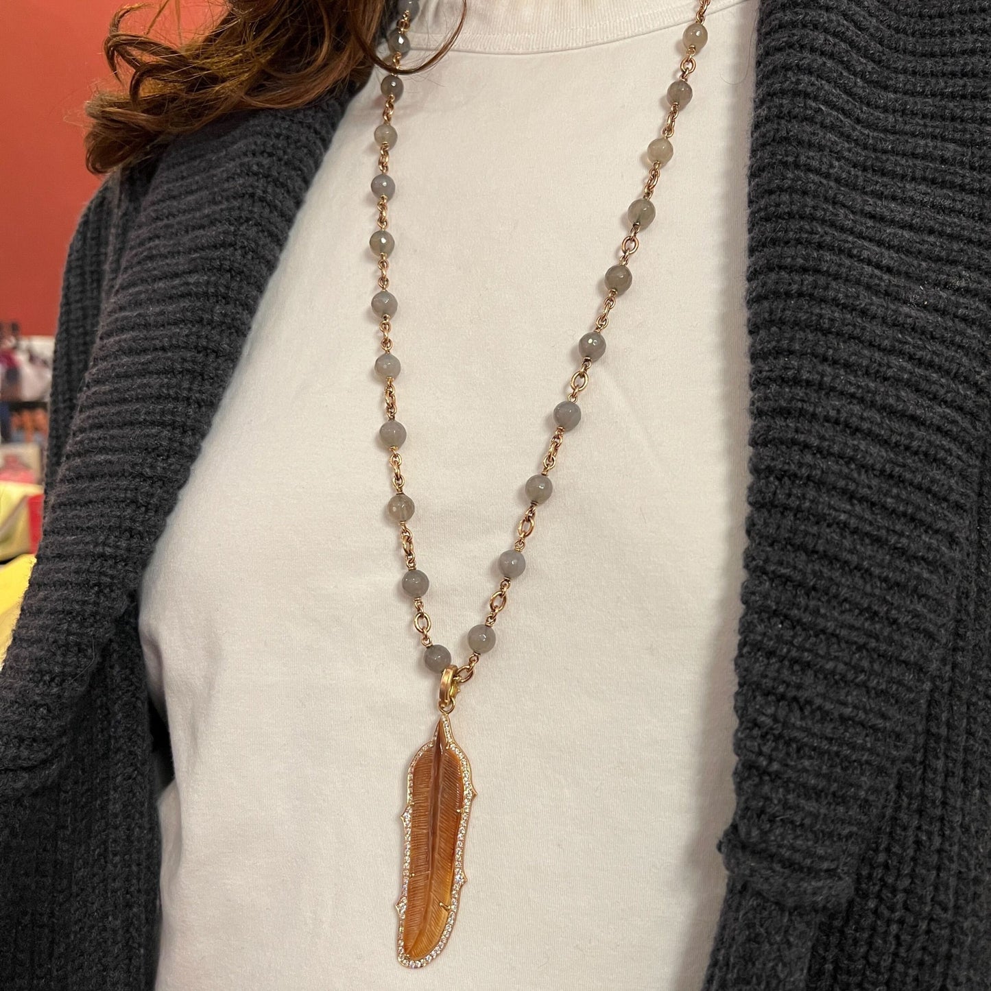 Chalcedony Bead Feather Pendant Necklace