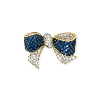 Sapphire Diamond Gold Bow Brooch