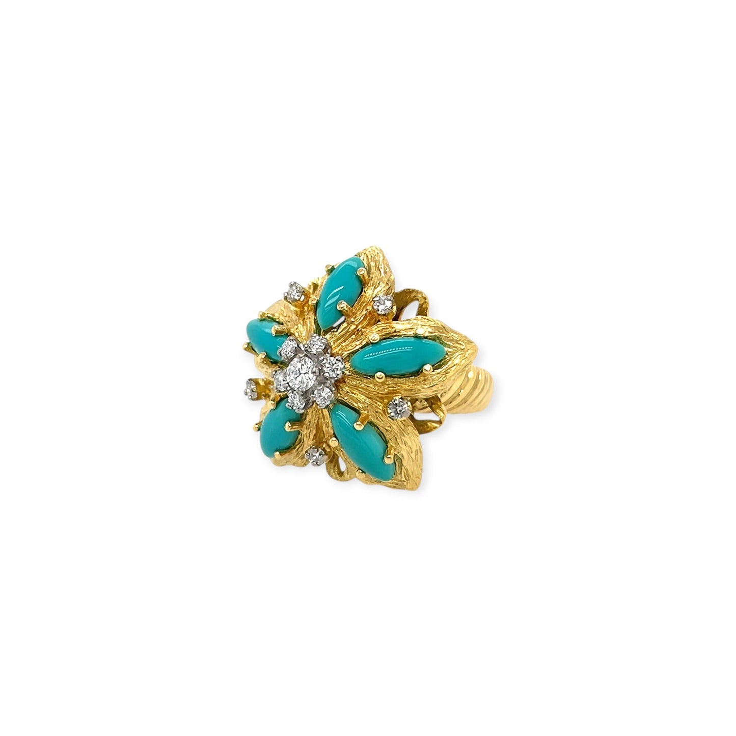 Turquoise Diamond Textured Flower Gold Ring