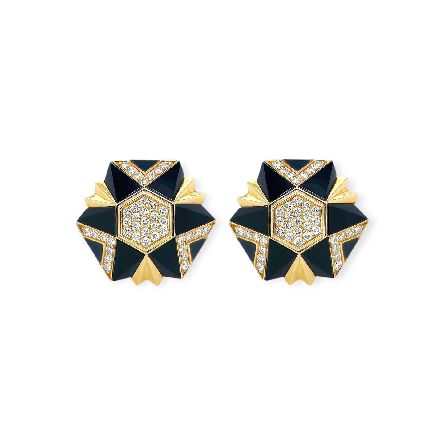 Hexagon Black Onyx Diamond Gold Earrings