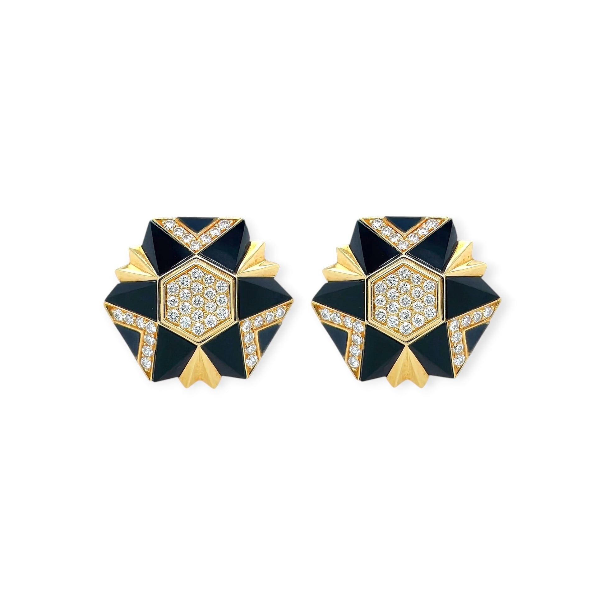 Hexagon Black Onyx Diamond Gold Earrings