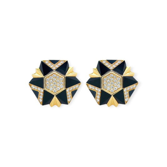 Hexagon Black Onyx Diamond Gold Earrings