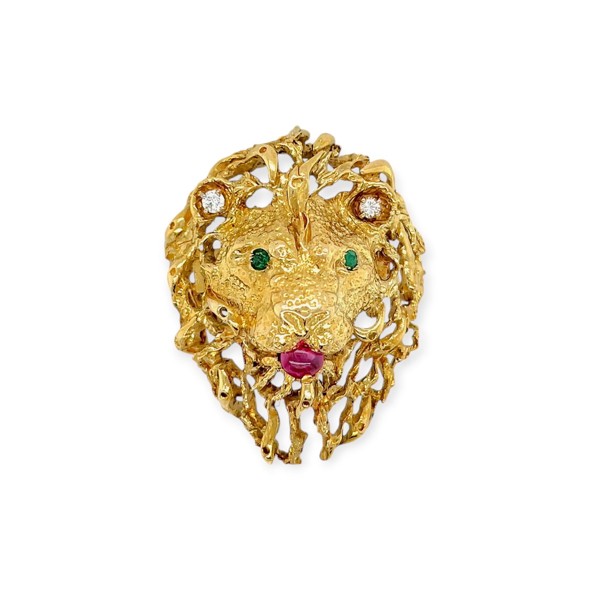 Gold Multi Gem Lion Head Brooch